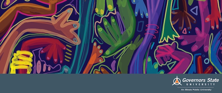 Abstract digital artwork featuring vibrant, multicolored hand shapes layered and intertwined